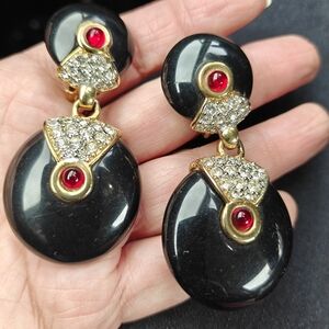 Stunning Art Deco Style Drop Earrings With Red Lucite Cabochons & Clear Crystals
